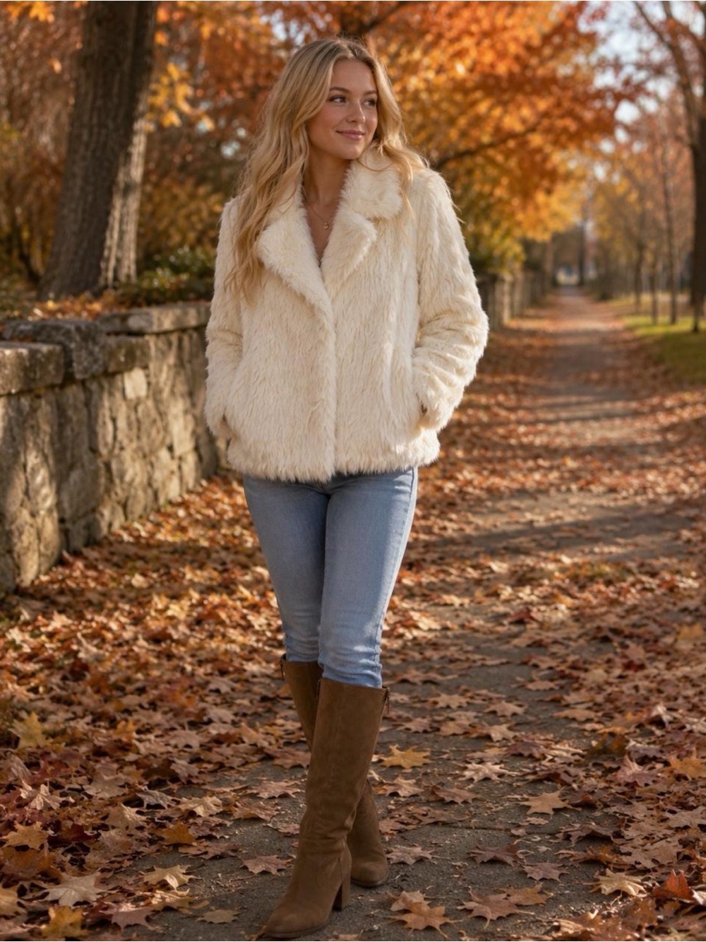 Faux Fur Cream Jacket - Women's Cozy Winter Jacket